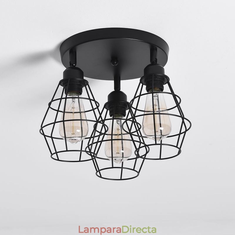 Lámpara de techo industrial empotrada de 3 luces con jaula metálica
