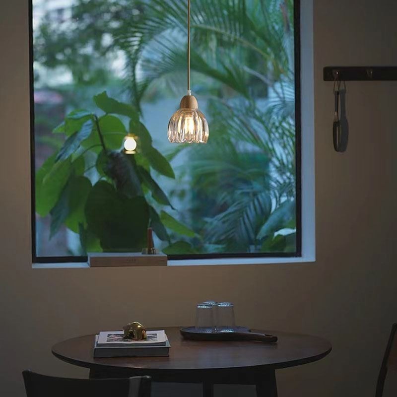 Lámpara colgante de vidrio estilo pastoral retro, lámpara de techo de isla, lámpara decorativa de madera de caucho