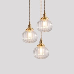 Lámpara colgante de vidrio transparente con forma de calabaza acanalada redonda, 1 luz
