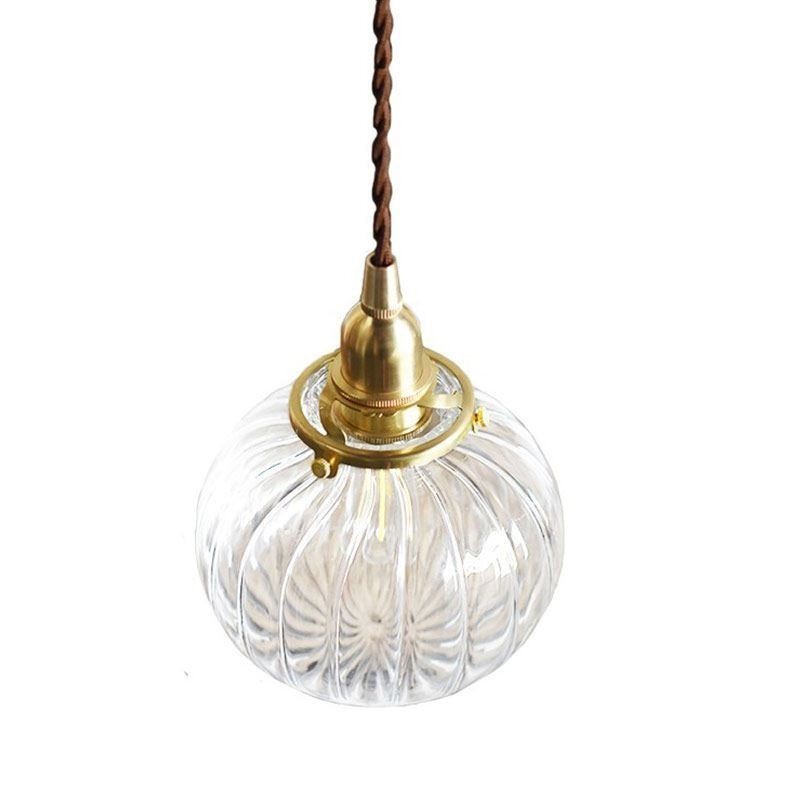 Lámpara colgante de vidrio transparente con forma de calabaza acanalada redonda, 1 luz