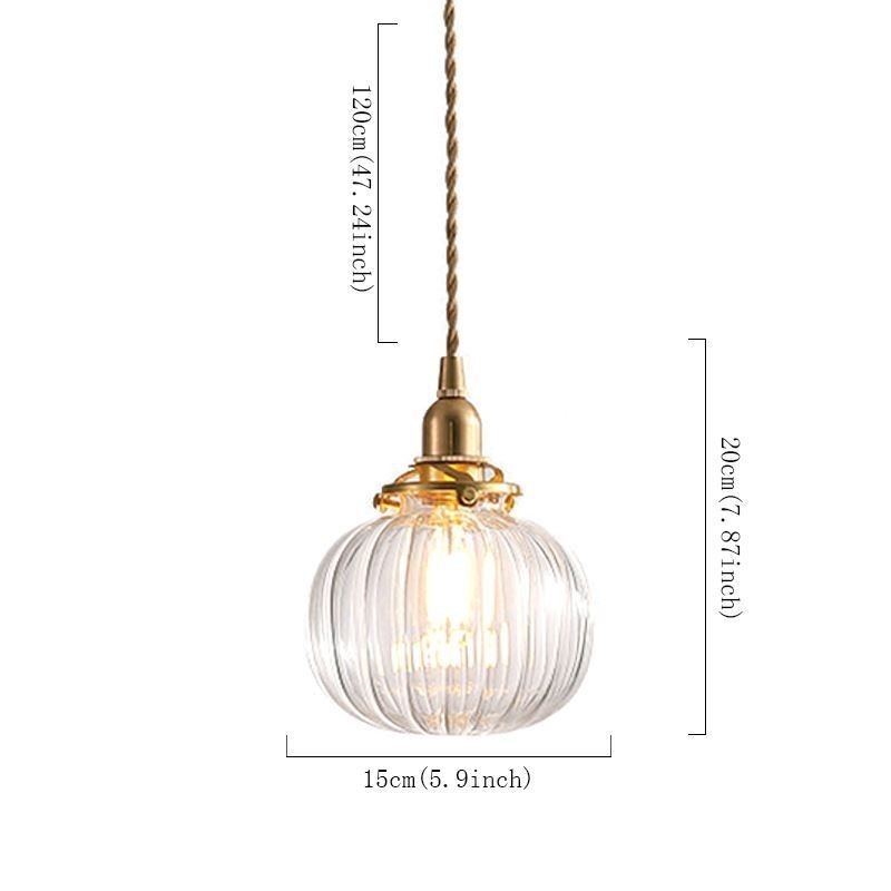 Lámpara colgante de vidrio transparente con forma de calabaza acanalada redonda, 1 luz