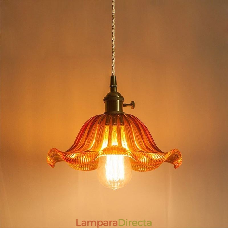 Lámpara colgante vintage de cristal acanalado colorido con pantalla de flores e interruptor giratorio