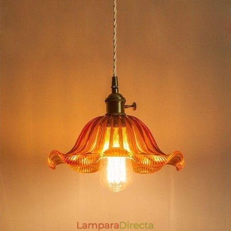 Lámpara colgante vintage de cristal acanalado colorido con pantalla de flores e interruptor giratorio