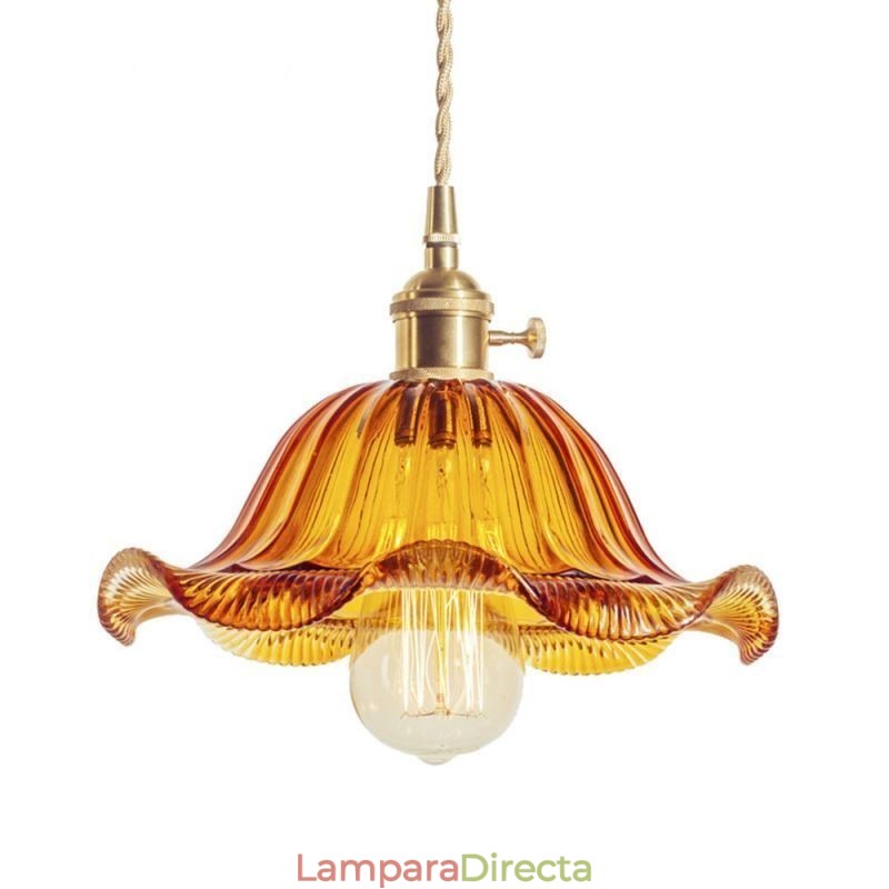 Lámpara colgante vintage de cristal acanalado colorido con pantalla de flores e interruptor giratorio