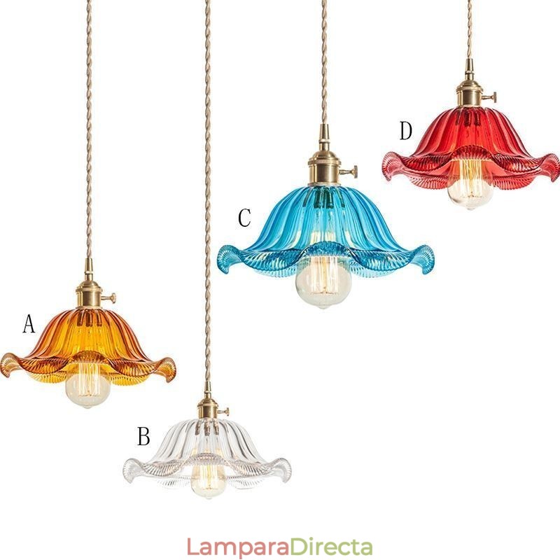Lámpara colgante vintage de cristal acanalado colorido con pantalla de flores e interruptor giratorio