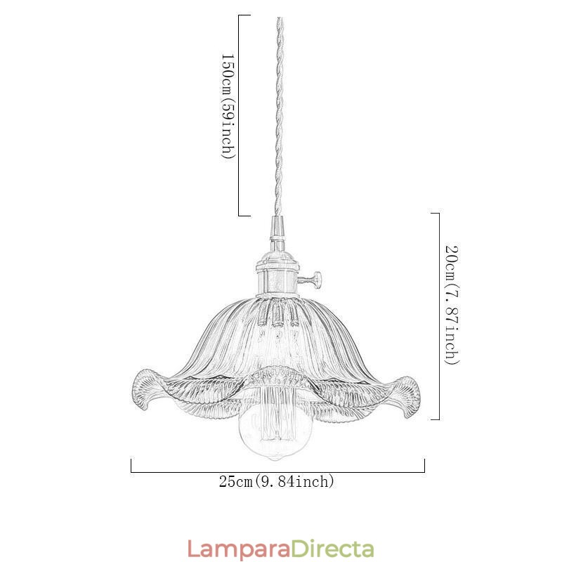 Lámpara colgante vintage de cristal acanalado colorido con pantalla de flores e interruptor giratorio