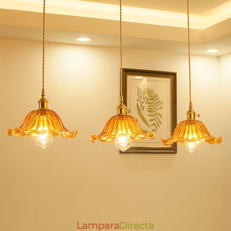 Lámpara colgante vintage de cristal acanalado colorido con pantalla de flores e interruptor giratorio