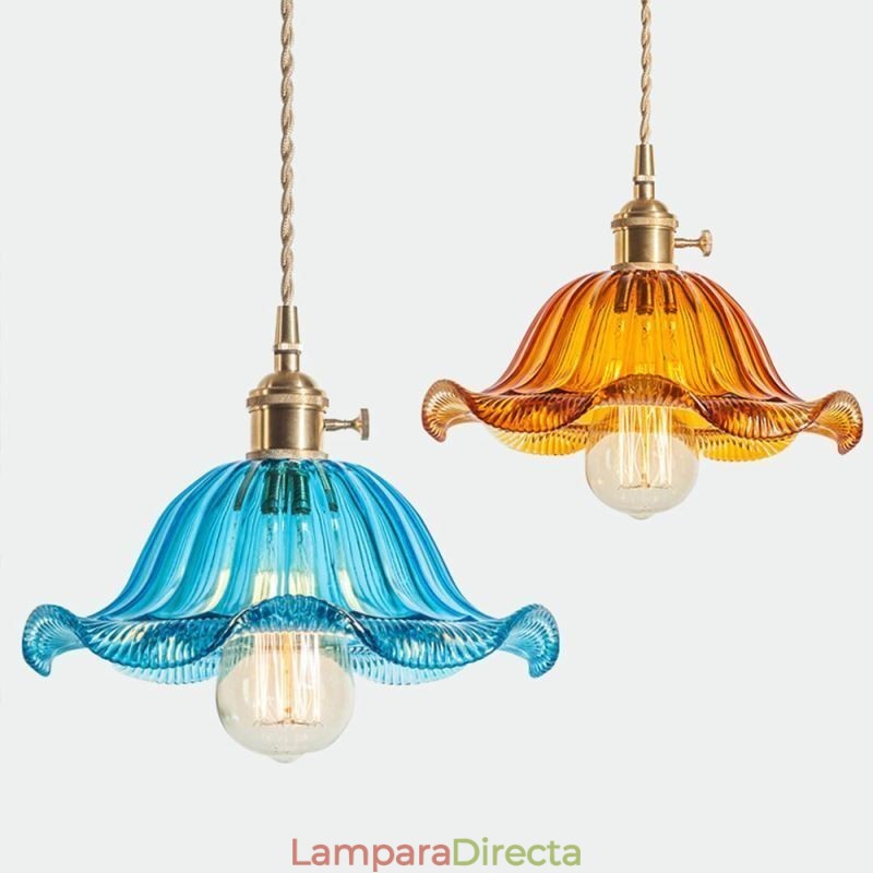Lámpara colgante vintage de cristal acanalado colorido con pantalla de flores e interruptor giratorio