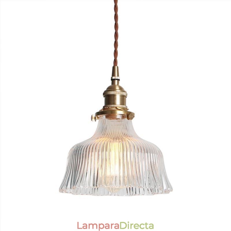 Lámpara colgante grande de cúpula de vidrio acanalado transparente con interruptor giratorio y soporte de latón