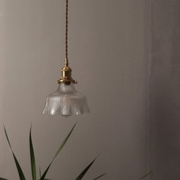 Lámpara colgante grande de cúpula de vidrio acanalado transparente con interruptor giratorio y soporte de latón