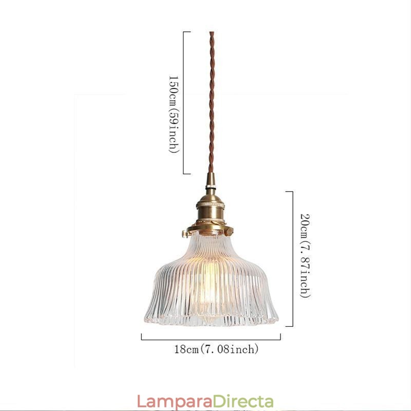 Lámpara colgante grande de cúpula de vidrio acanalado transparente con interruptor giratorio y soporte de latón