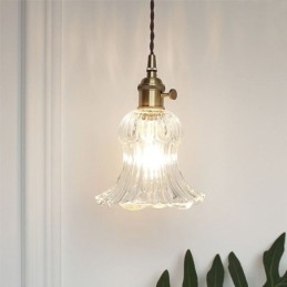 Lámpara colgante de cristal acanalado transparente con forma de flor e interruptor giratorio