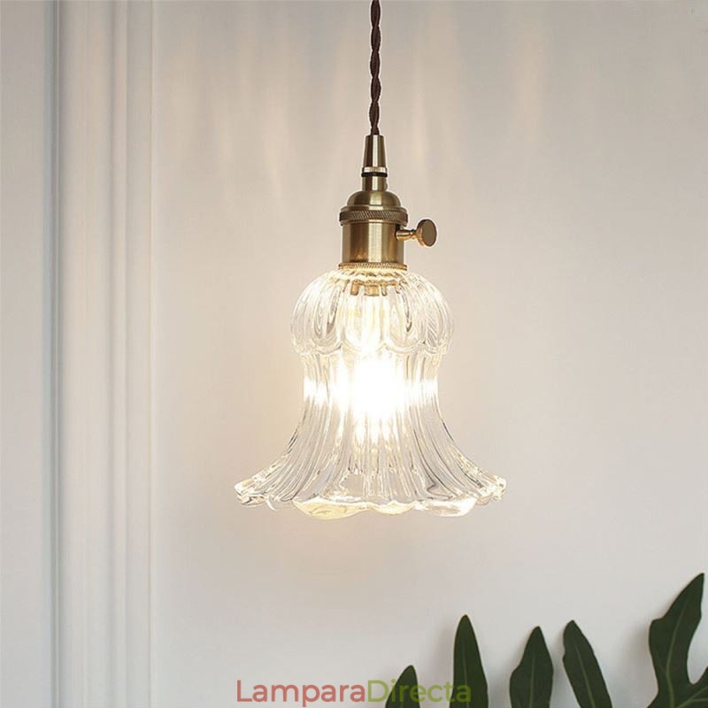 Lámpara colgante de cristal acanalado transparente con forma de flor e interruptor giratorio