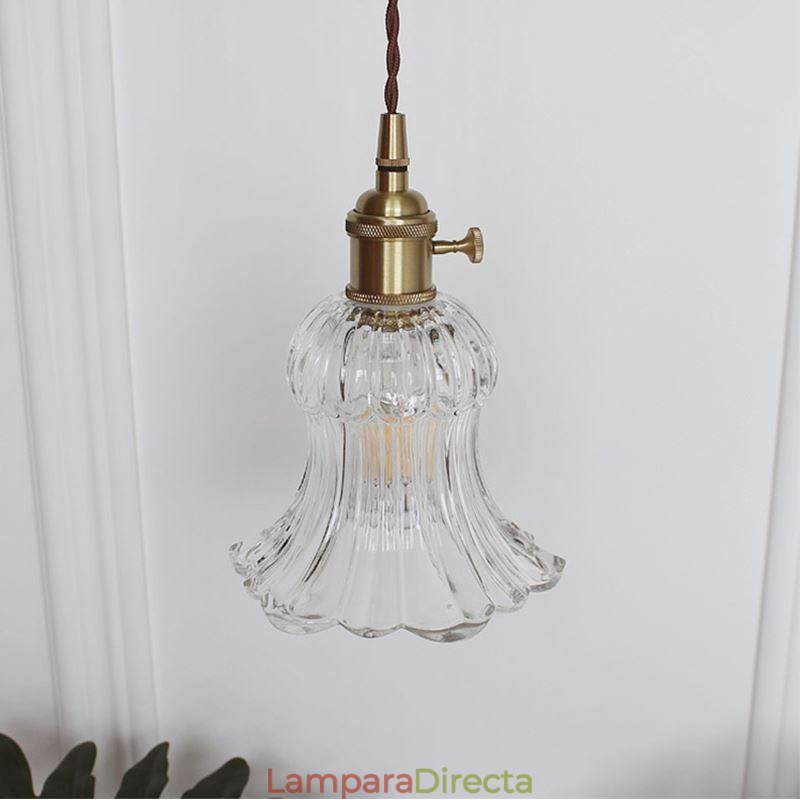 Lámpara colgante de cristal acanalado transparente con forma de flor e interruptor giratorio