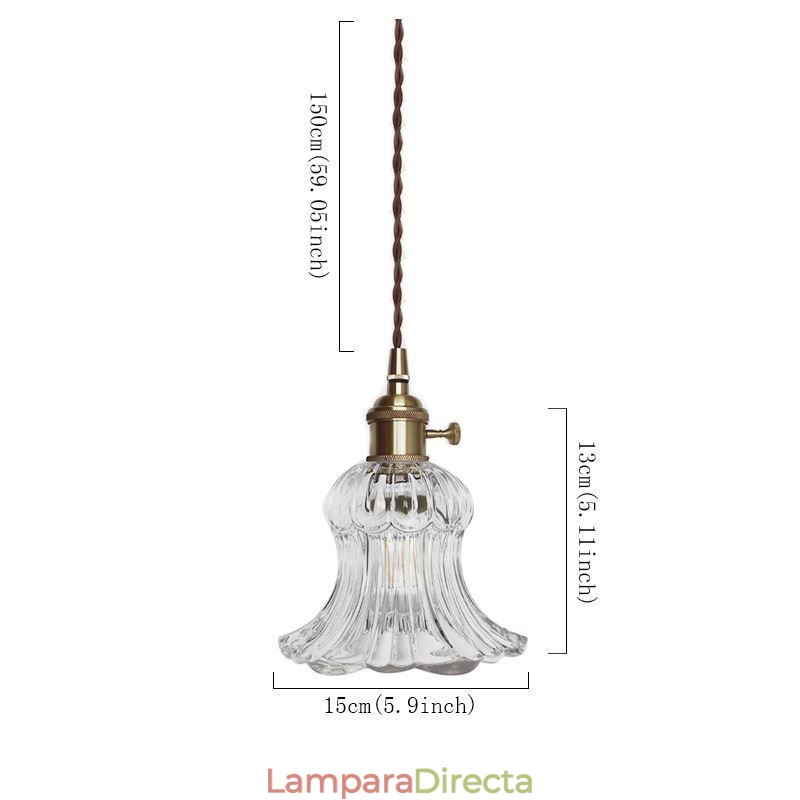 Lámpara colgante de cristal acanalado transparente con forma de flor e interruptor giratorio