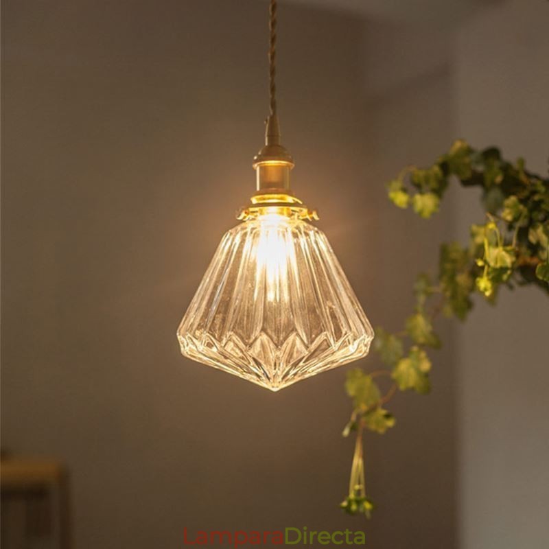 Lámpara colgante de cristal acanalado con forma de diamante transparente