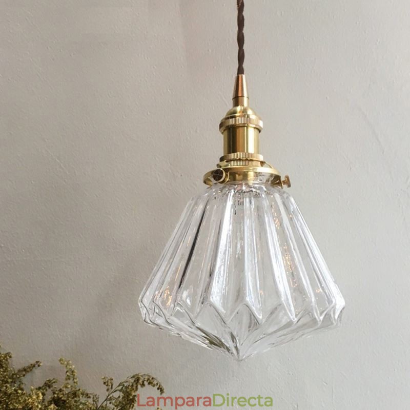 Lámpara colgante de cristal acanalado con forma de diamante transparente