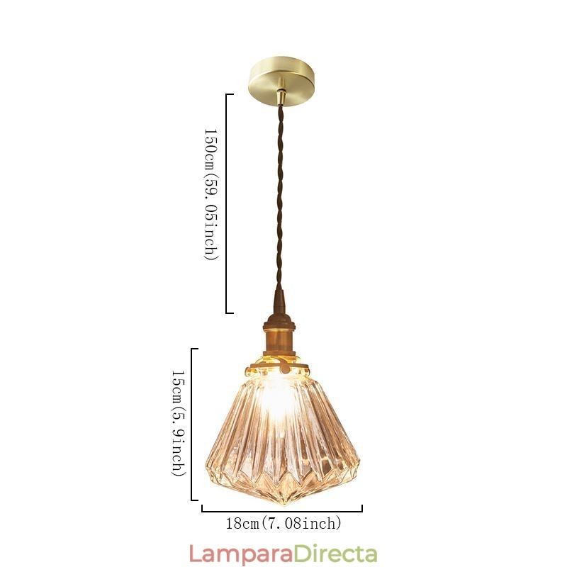 Lámpara colgante de cristal acanalado con forma de diamante transparente