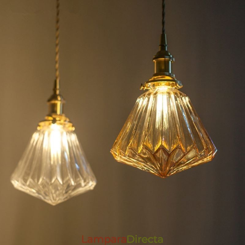 Lámpara colgante de cristal acanalado con forma de diamante transparente