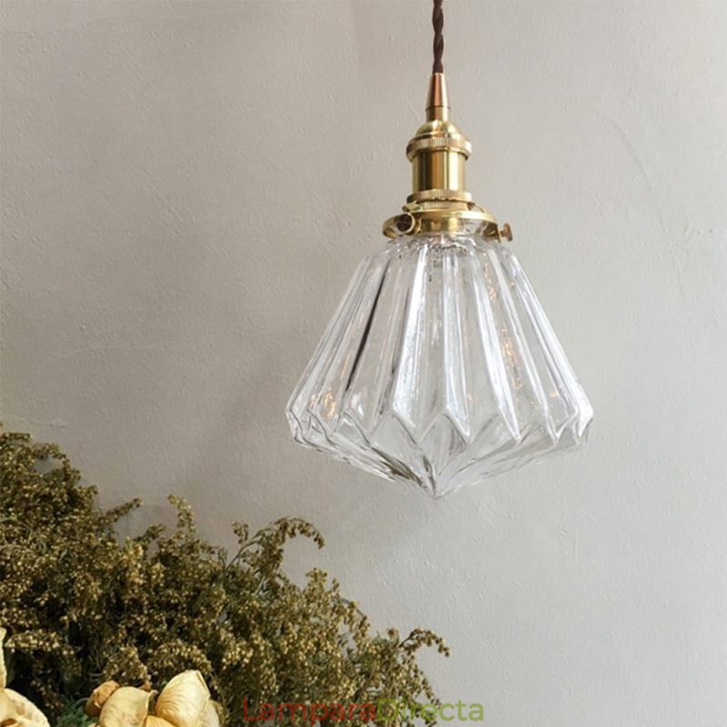 Lámpara colgante de cristal acanalado con forma de diamante transparente