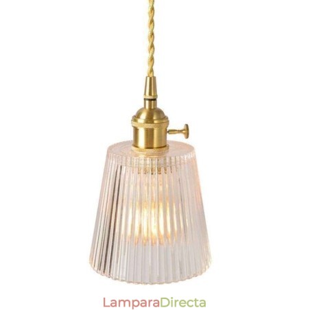 Lámpara colgante de latón con vidrio acanalado y pantalla cónica con interruptor giratorio Lámpara colgante de latón con vidrio acanalado y pantalla cónica con interruptor giratorio