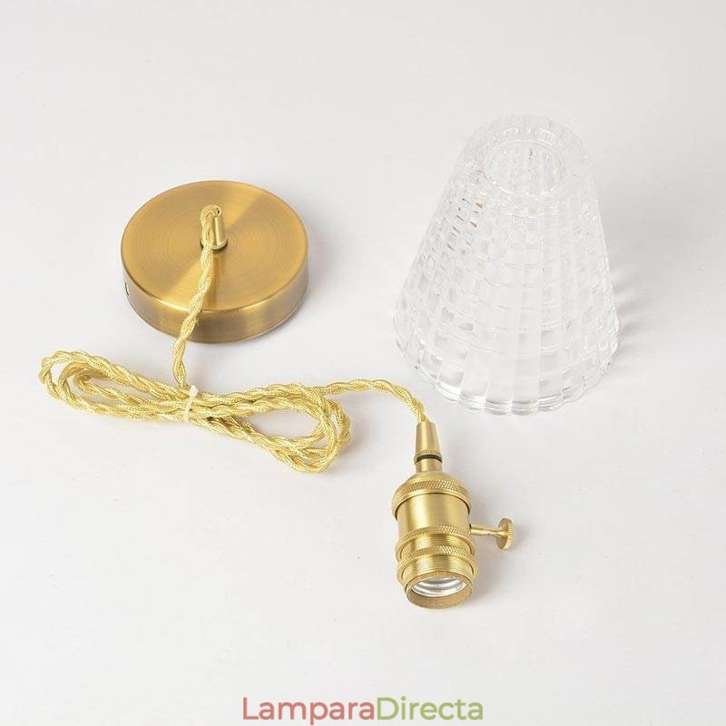 Lámpara colgante cuadrada de latón con vidrio acanalado transparente e interruptor giratorio