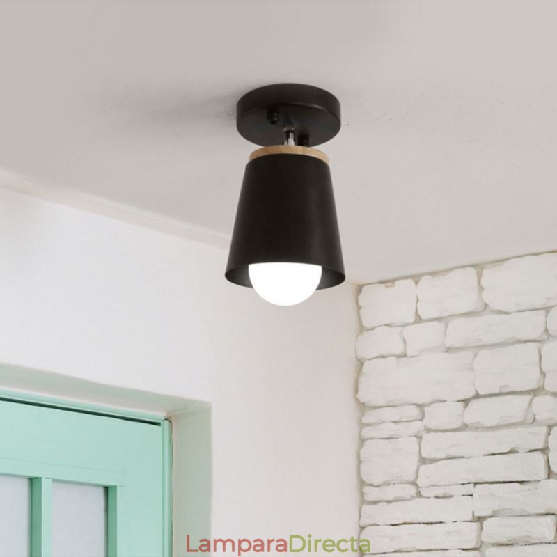 Lámpara de techo sencilla de madera con foco nórdico de hierro (una luz)