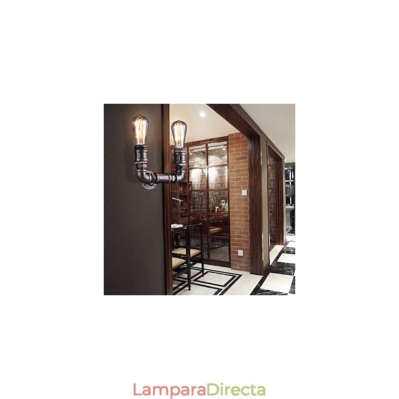 Lámpara de pared vintage de metal con forma de tubería de agua y 2 luces con bombilla Edison