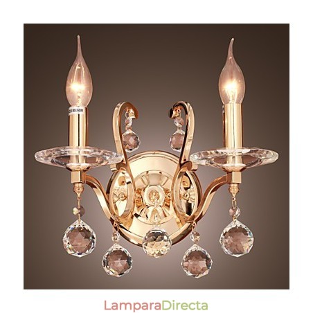 Aplique de pared de cristal dorado con 2 luces Aplique de pared de cristal dorado con 2 luces