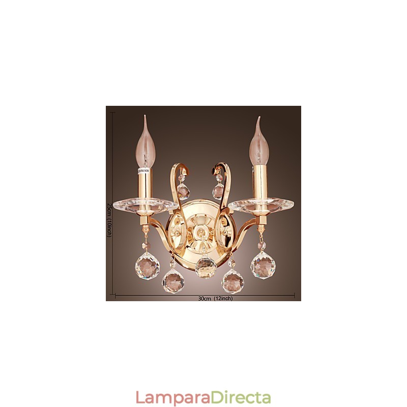 Aplique de pared de cristal dorado con 2 luces
