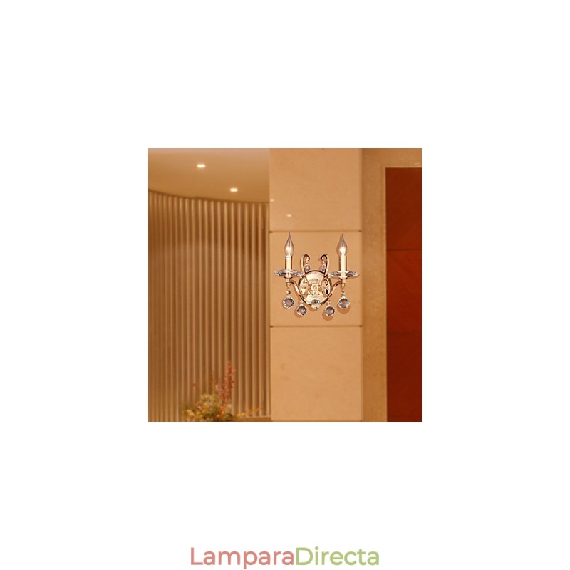 Aplique de pared de cristal dorado con 2 luces