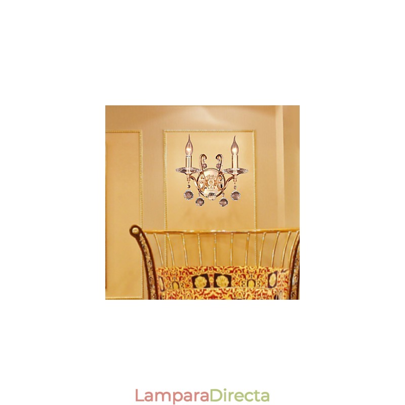 Aplique de pared de cristal dorado con 2 luces