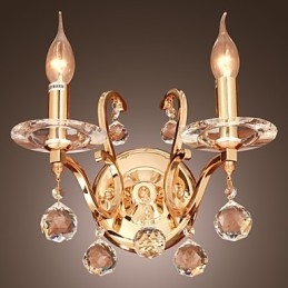 Aplique de pared de cristal dorado con 2 luces