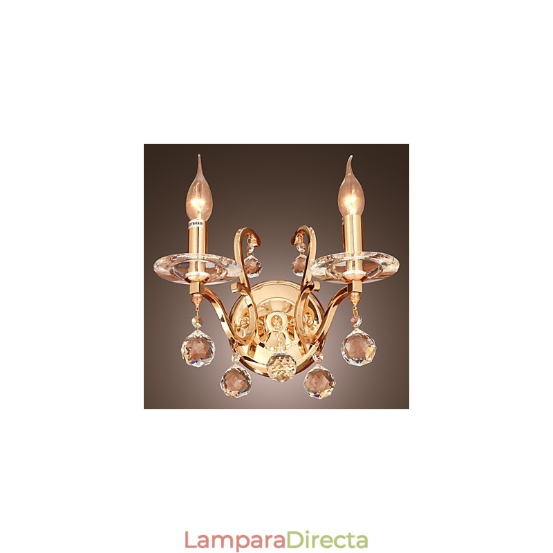 Aplique de pared de cristal dorado con 2 luces