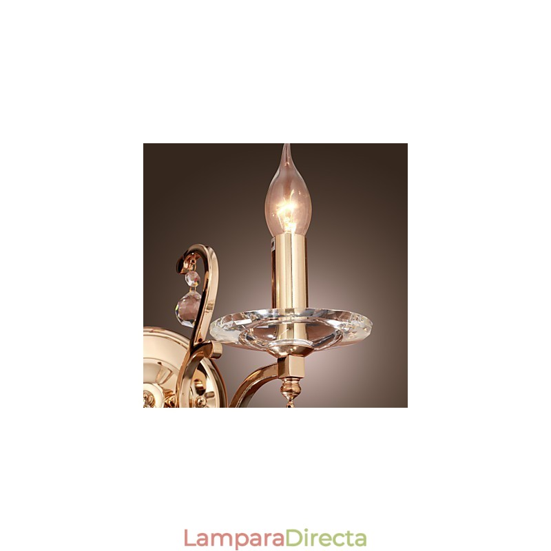 Aplique de pared de cristal dorado con 2 luces