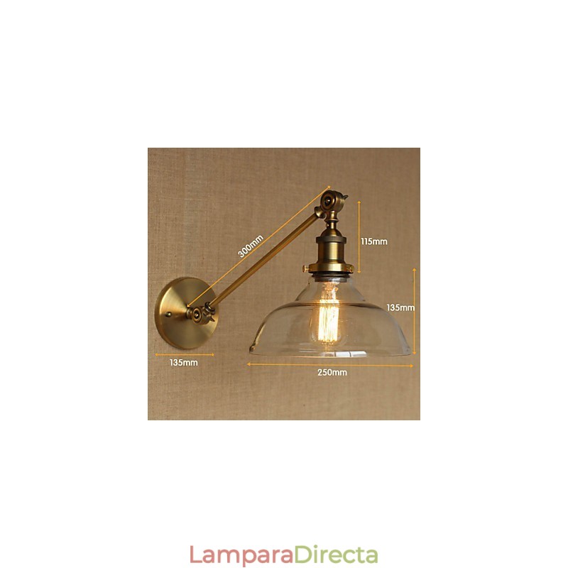 Lámpara de pared estilo retro creativo estilo americano estilo country para salón o dormitorio con brazo de latón, bronce y vidrio de hierro.