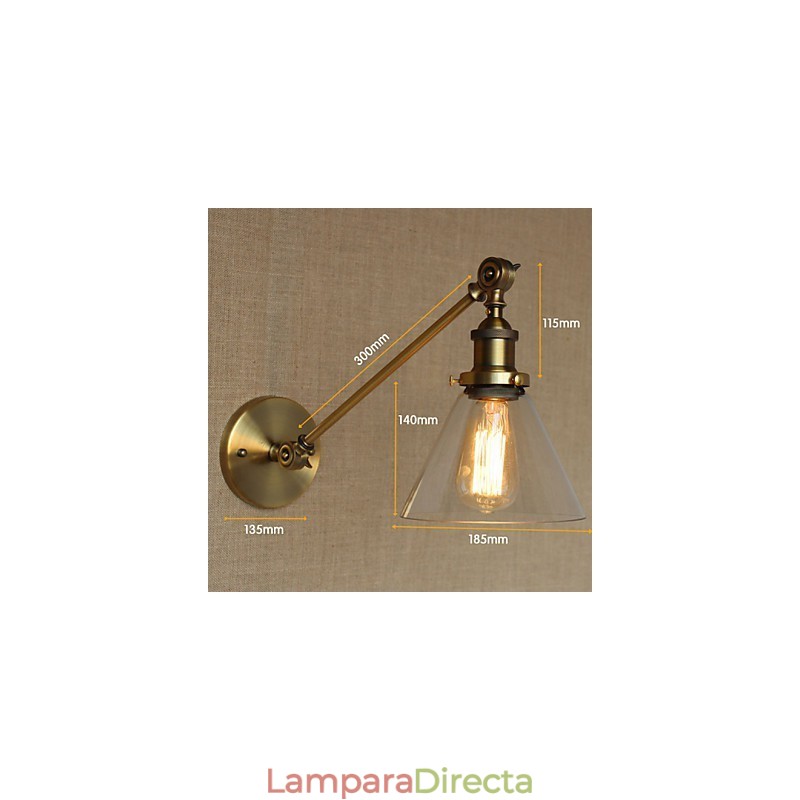 Lámpara de pared estilo retro creativo estilo americano estilo country para salón o dormitorio con brazo de latón, bronce y vidrio de hierro.