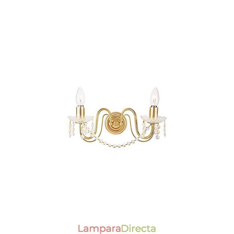 Aplique de pared de cristal dorado con 2 luces