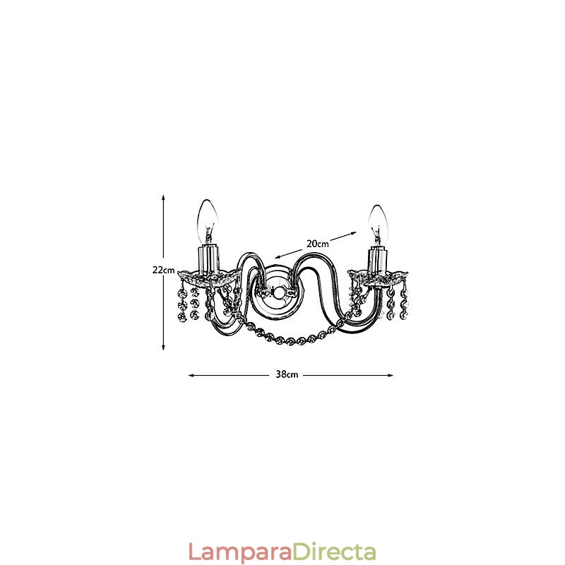 Aplique de pared de cristal dorado con 2 luces