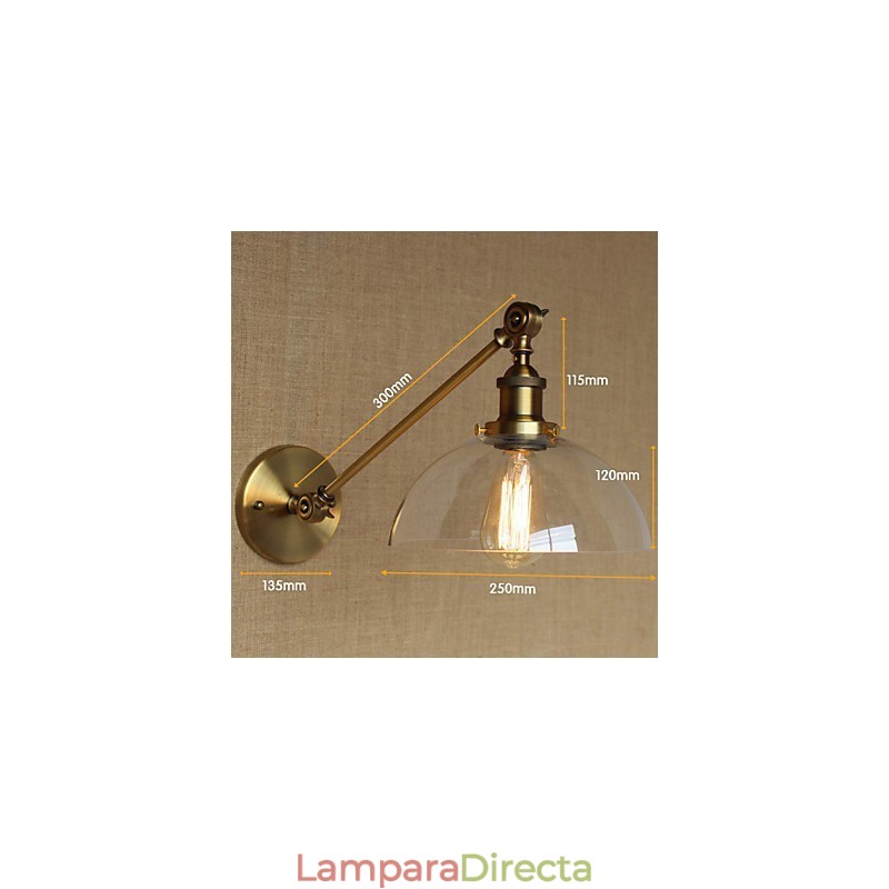 Lámpara de pared estilo retro creativo estilo americano estilo country para salón o dormitorio con brazo de latón, bronce y vidrio de hierro.