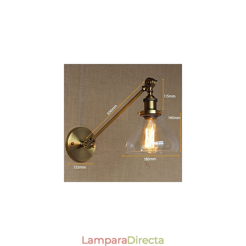 Lámpara de pared estilo retro creativo estilo americano estilo country para salón o dormitorio con brazo de latón, bronce y vidrio de hierro.
