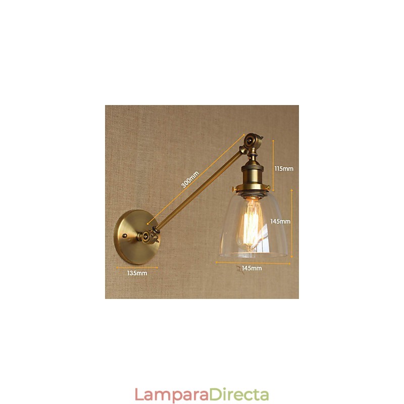 Lámpara de pared estilo retro creativo estilo americano estilo country para salón o dormitorio con brazo de latón, bronce y vidrio de hierro.