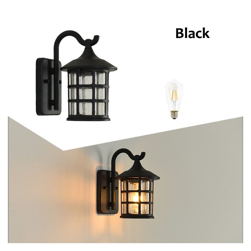 Lámpara de pared exterior de hierro rústico antiguo, resistente al agua, estilo farol vintage, color negro mate oxidado, para pasillo o pasillo.