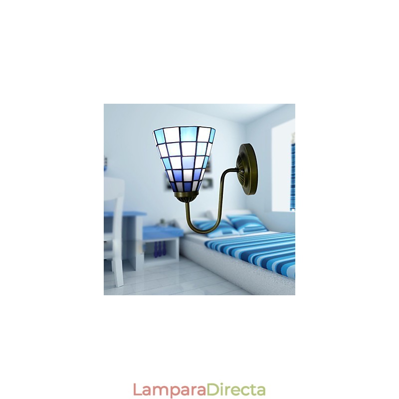 Lámpara de pared de vitral contemporáneo de 15 cm con cuadrados azules y blancos.