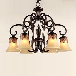 Lámpara colgante de araña de 6 luces con pantalla de metal y cristal estilo vintage.