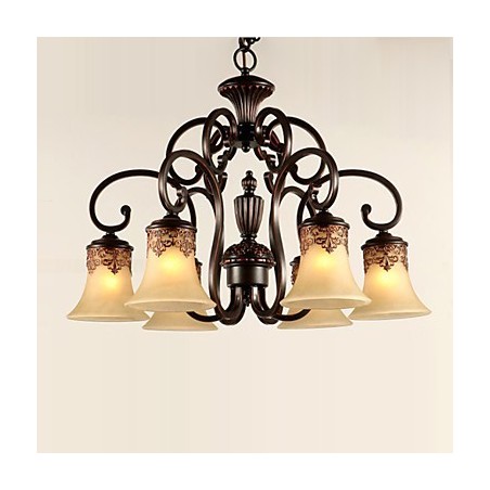 Lámpara colgante de araña de 6 luces con pantalla de metal y cristal estilo vintage. Lámpara colgante de araña de 6 luces con pantalla de metal y cristal estilo vintage.