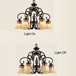 Lámpara colgante de araña de 6 luces con pantalla de metal y cristal estilo vintage.