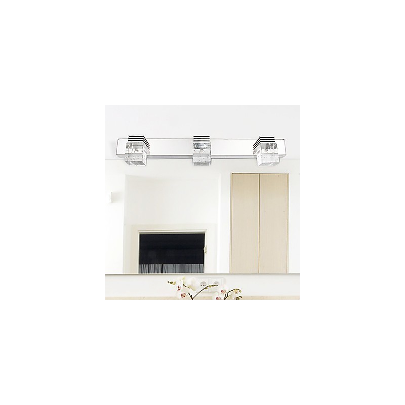 Lámpara de pared moderna con pantalla cúbica de burbujas de vidrio y espejo frontal.