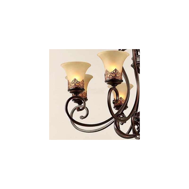 Lámpara colgante de araña de 6 luces con pantalla de metal y cristal estilo vintage.