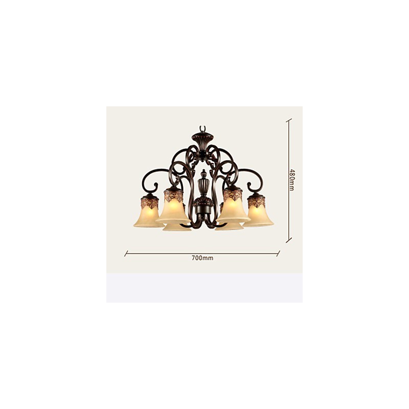 Lámpara colgante de araña de 6 luces con pantalla de metal y cristal estilo vintage.
